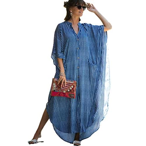 RanRui swimsuit cover up Black&White caftan caftans Women's Vneck short Sleeve kaftan dresses with pocket Caftans Stripe Blue