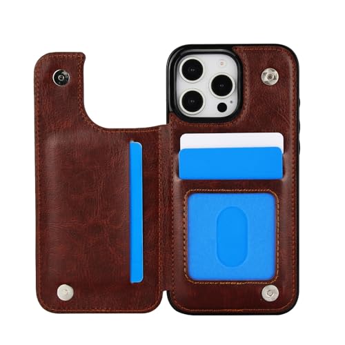 for iPhone 16 Pro Case with Credit Card Holder,RFID Blocking,PU Premium Leather Double Magnetic Clasp Kickstand Heavy Duty Protective Cover.(Brown) Br