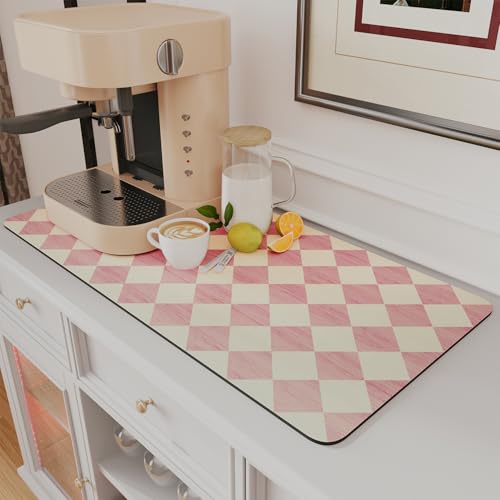 AMOAMI Coffee Mat Hide Stain Rubber Backed Absorbent Dish Drying Mat for Kitchen Counter - Fits Under Coffee Maker or Machine - PINK 17x31.5 PINK 17"x