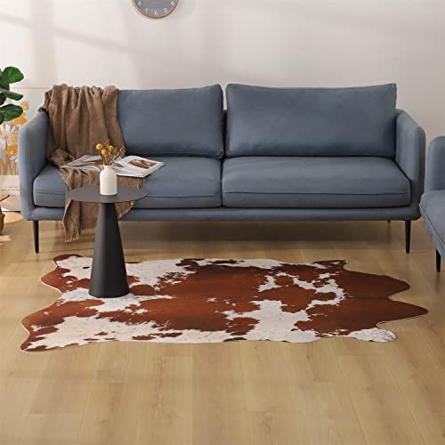 KASENTEX Brown Fluffy Faux Fur Rug 6.2ft x 7ft – Western Farmhouse Cow Print Area Rug, Faux Animal Skin Carpet for Cabin, Bedroom & Living Room, Bro