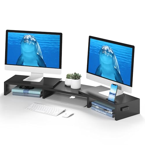 BONTEC Dual Monitor Stand for Desk, Adjustable Length and Angle Monitor Stand Riser with Smartphone Holder, Desk Shelf for Top of Desk, Computer Monit