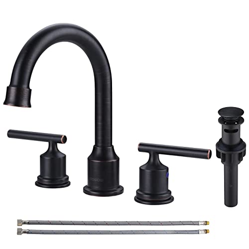 WOWOW 2 Handle Bathroom Faucet Oil Rubbed Bronze Bathroom Sink Faucet Widespread Vanity Faucet 3 Hole with Pop Up Drain and Supply Hoses High Arc Basi