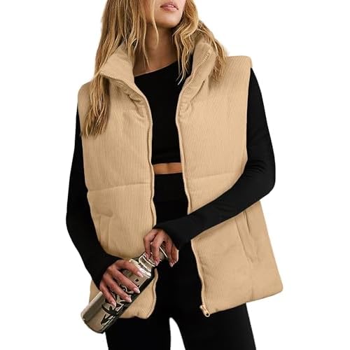 Women Quilted Puffer Vest Sleeveless Jacket Zip Up Stand collar Lightweight Outerwear with Pocket 2025 Trendy Corduroy Khaki Medium