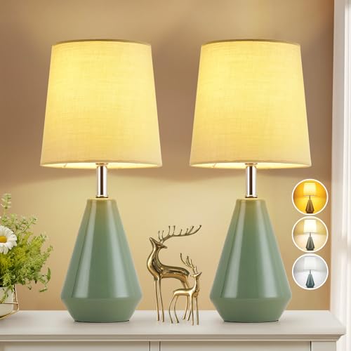 Small Bedside Table Lamp for Bedroom-Reading Desk Lamp Set of 2,with 3 Color Temperatures,15.5" Nightstand Ceramic Lamp with Fabric Shade for Kids Roo