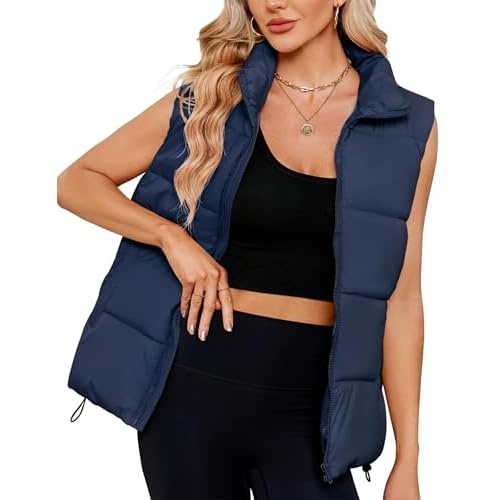 Women Quilted Puffer Vest Sleeveless Jacket Zip Up Stand collar Lightweight Outerwear with Pocket 2025 Trendy Plain Navy Blue Medium