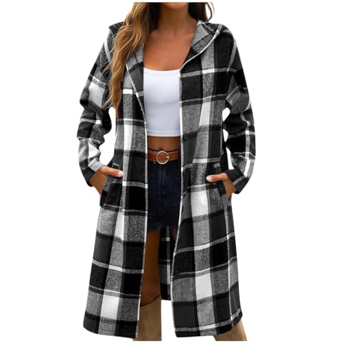 Womens Classic Plaid Fall Coatigan with Pockets Wool Blend Hooded Long Shacket Casual Button Up Outerwear Coats A01 Black X-Large