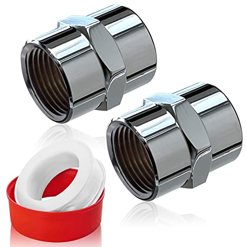 2 Pack Brass Pipe Fitting, 1-2" NPT Female Pipe Coupling, Chrome Plated Shower Head Adapter, Hex Converter, for Home Plumbing Pipes Connect