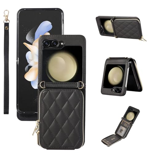 for Samsung Galaxy Z Flip 5 Zipper Wallet Case with Card Holder, 4 Card Slots Large Capacity and Multiple Style Lanyards.(Black) Black Samsung Galaxy