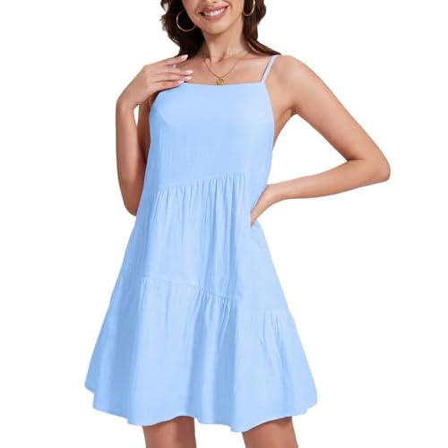 FANCYINN Women's 2025 Summer Mini Dress Sleeveless Spaghetti Strap,Backless Tiered Swing Dress Beach Wedding Guest,Vacation Blue Large