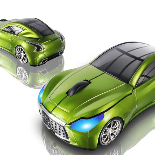Elec Space Wireless Car-Shape Mouse With LED Headlights, 2.4G Unique for Kids, USB Receiver, 1600 DPI Cute Gaming for Laptop PC Computer - Green Green