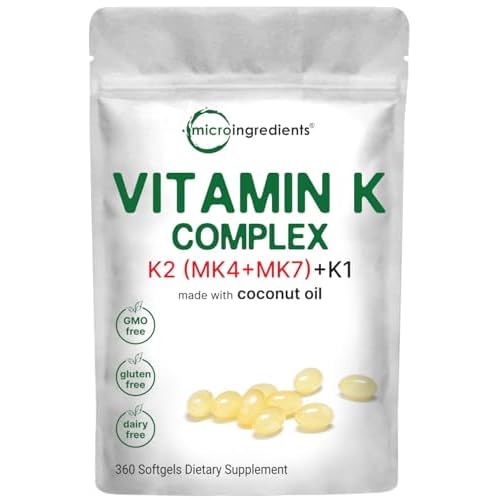 Micro Ingredients Super Vitamin K Complex (K2 MK7 + MK4 & K1), 360 Coconut Oil Softgles | Easily Absorbed K Vitamins, Active Menaquinone Complex | Imm