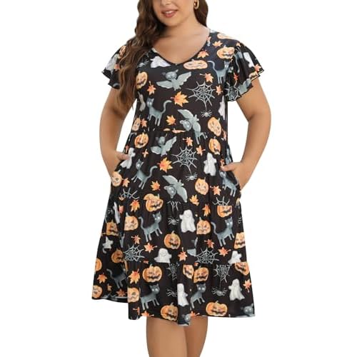 Celkuser Womens Plus Size Casual Summer Dresses Ruffle Sleeve Tiered Swing Midi Dress with Pockets 14 Plus Halloween