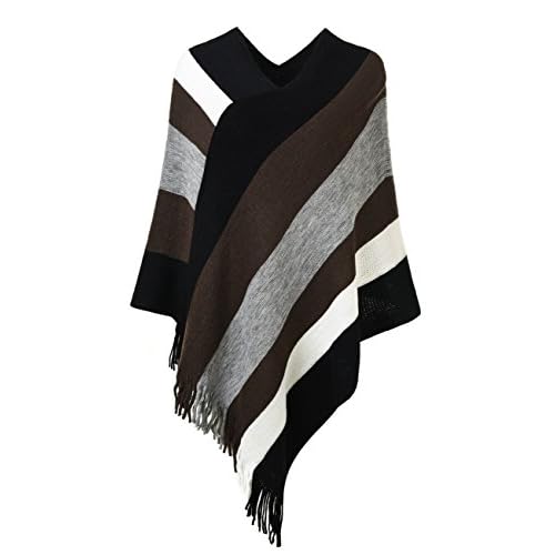 Ferand Women's Striped Poncho Sweater Cozy Knit Fringe Shawl Wraps for Fall Winter Brown & Grey