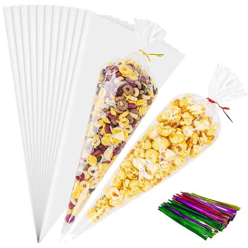 NPLUX 100 Pack Clear Cellophane Bags Cone Shaped Cellophane Treat Bags with Ties for Candy Popcorn Cookie Small Gift Wrapping(7x15 Inches) 1 Count (Pa