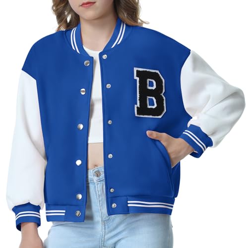 EXARUS Girls Varsity Jacket Kids Tweed Letterman Jackets Baseball Outerwear Stripe Trim Contrast Sleeve School Coats 12 Years A-blue