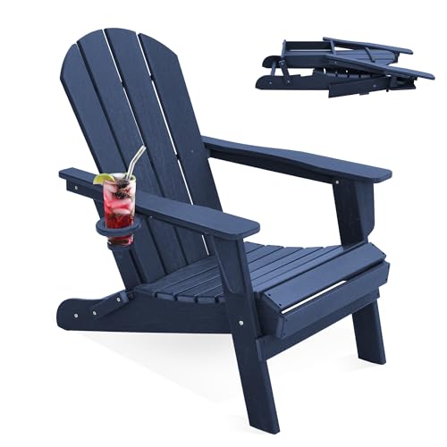 LOUNZY Folding Adirondack Chair, HDPE All-Weather Folding Patio Chair Chair with Cup Holders, Outdoor Patio Adirondack Chair for Deck Lawn Fire Pit, N