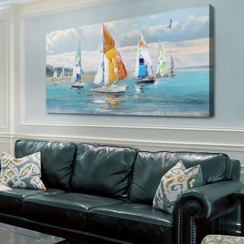 Ardemy Sailboat Wall Art Blue Abstract Canvas Art Ocean Wall Decor Picture Extra Large Coastal Painting Nautical Textured Artwork for Walls Living Roo