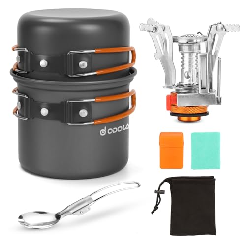 Odoland Camping Cookware Set With Stove for 1-2 People - Portable Campfire Stainless Steel Cook Gear Traveling Cooking Equipment Utensils Outdoor Cook