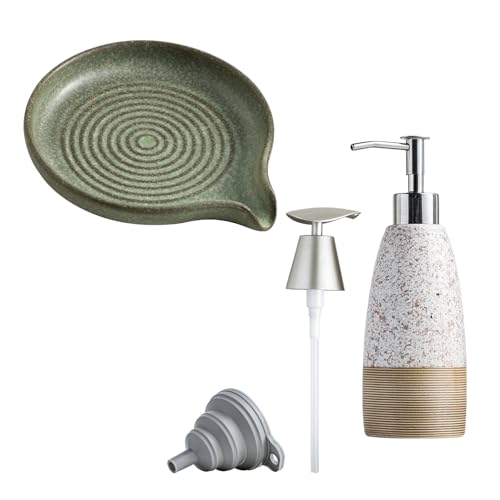 Ceramic Shower Soap Dish with Waterfall Design & 12 oz Dish Soap Dispenser with 2 Pumps, Ceramic Hand Soap Bottle for Shampoo