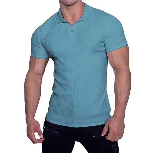 Muscle Cmdr Men's Slim Fit Muscle Polo Shirts Long&Short Sleeve Stretch Quick Dry Tee Casual Golf Athletic T-Shirts Small A-Blue-short