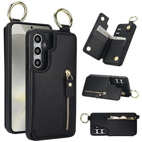 for Samsung Galaxy S24 Wallet Case with Zipper and Credit Card Holder, Cash Slot, PU Leather Magnetic Clasp Kickstand Heavy Duty Ring Protective Cover