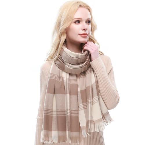 RIIQIICHY Plaid Scarf for Women Fall Winter Pashmina Scarves Wraps for Cold Weather Warm Large Cream-Light Brown