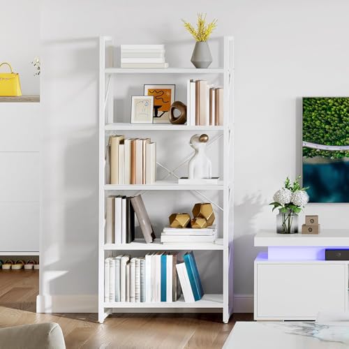YITAHOME 5 Tiers Bookshelf, Modern White Bookcase, Book Holder Organizer, Display Storage Rack Standing Shelves for Bedroom Living Room-Home-Office, A