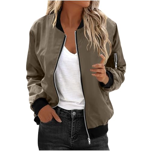Womens Classic Fall Bomber Jacket, Lightweight Water-Resistant Flight Coat, Casual City Outerwear A01 Brown Large