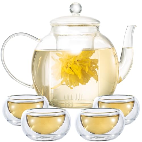 Glass Teapot Set with 4 Teacups, 1500 ml-50 oz Tea Pot with Infusers for Loose Tea and Flower Tea, Stovetop and Microwave Safe Borosilicate Glass Tea