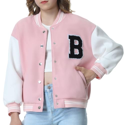 EXARUS Girls Varsity Jacket Kids Tweed Letterman Jackets Baseball Outerwear Stripe Trim Contrast Sleeve School Coats 8 Years A-pink