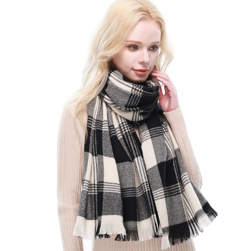 RIIQIICHY Plaid Scarf for Women Fall Winter Pashmina Scarves Wraps for Cold Weather Warm Large Black-Cream