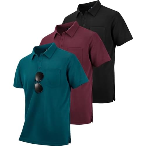 ZITY 3 Pack Polo Shirts for Men with Pocket Short Sleeve Moisture Wicking Outdoor Tactical Shirt Summer Casual Medium Dark Teal Blue+black+wine Red