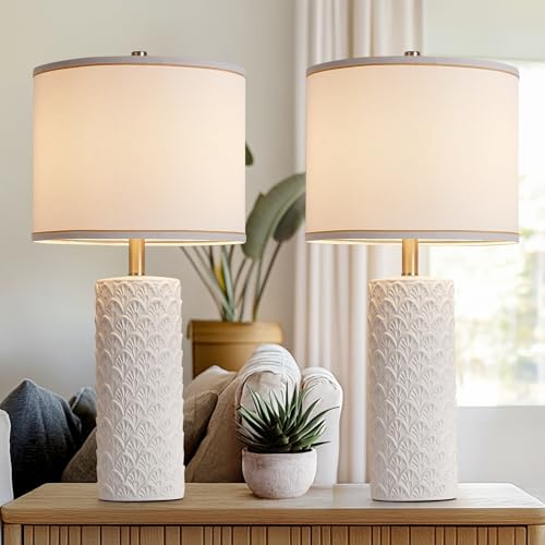 27" White Modern Ceramic Table Lamp Set of 2, Farmhouse Bedside Lamps for Living Room, 3 Color Temperature Rustic Table Lamps for Bedroom, Night Stand