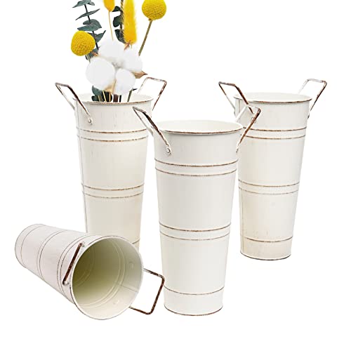Notakia Galvanized Metal Vases Farmhouse French Flower Bucket Vases for Cut Flowers for Home Decor and Wedding Table Centerpiece Decorations (Beige 4P