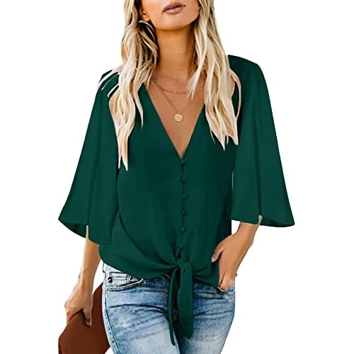 luvamia Women's Casual V Neck Tops 3-4 Sleeve Tie Knot Blouses Solid Button Down Shirts Small Cypress Green