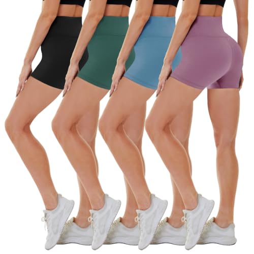CAMPSNAIL 4 Pack Biker Shorts for Women High Waist - 5"-8" Tummy Control Soft Athletic Yoga Workout Running Gym Shorts 5 IN X-Small 2#black-Blue-Ins G