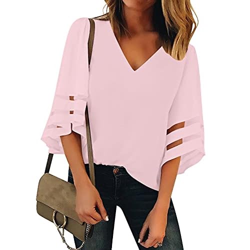 luvamia Women's Casual V Neck Blouse 3-4 Bell Sleeve Mesh Panel Shirts Loose Top Medium Light Pink Cradle Pink
