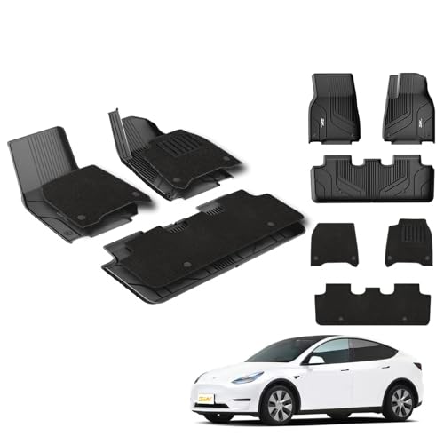 3W Floor Mats For Tesla Model Y 2021 2022 2023 2024 with Carpets on TOP, TPE Dog Friendly Mats, Custom Fit Tesla Model Y Car Liner, All Weather Waterp