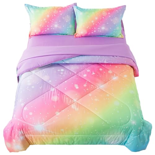 ADASMILE A & S Rainbow Comforter Set Twin Size for Girls 5 Pieces Tie Dye Rainbow Bedding Sets Kids Bed in A Bag with 1 Comforter 1 Fitted Sheet 1 Fla