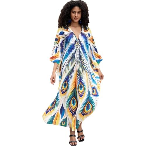 Wave Neck Swimsuit Cover Up Caftan Dress - Plus Size, Oversized, Long Beach Dress 8774-17 X-Large
