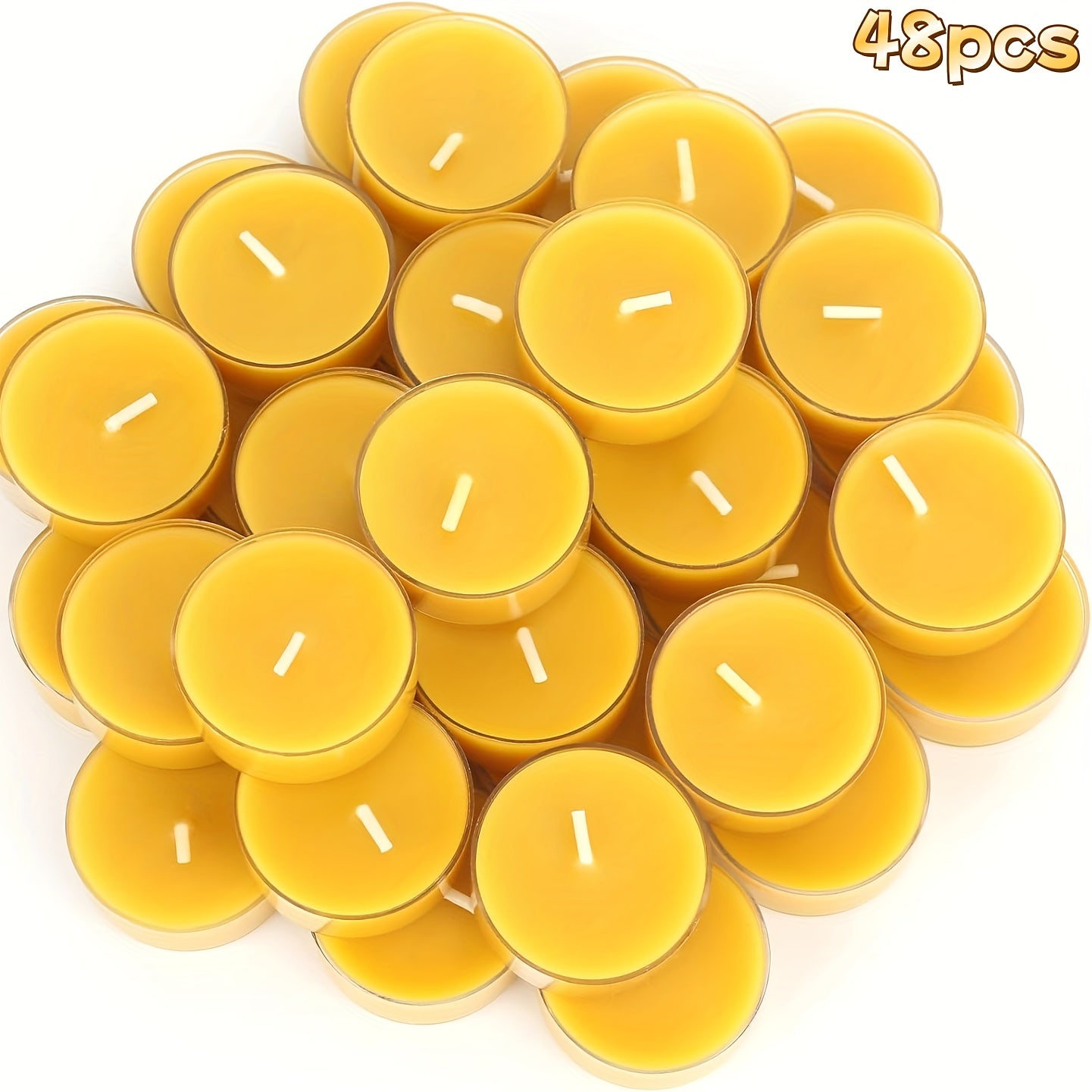 TEMU 48pcs Yellow Pure Beeswax Tea Light Candles - Bulk Unscented Candles Suitable For Christmas, Halloween, Weddings, Family , Birthday Wishes, And