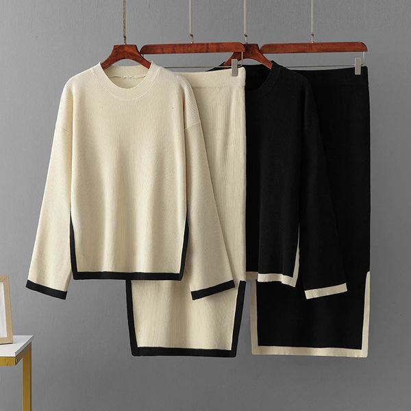 HLBCBG Autumn Warm Knitted Suits Loose PulloversElastic Long Skirt Casual Home Wear Sweater Two Pieces Skirts Sets 241121