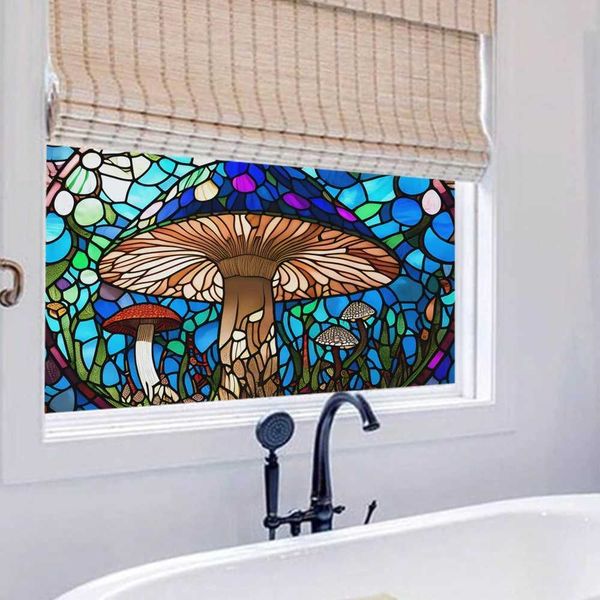 Stained Glass Window Film Mushroom Pattern Static Cling Decorative Window Tinting Film Non-Adhesive Glass Window Decal Y240810