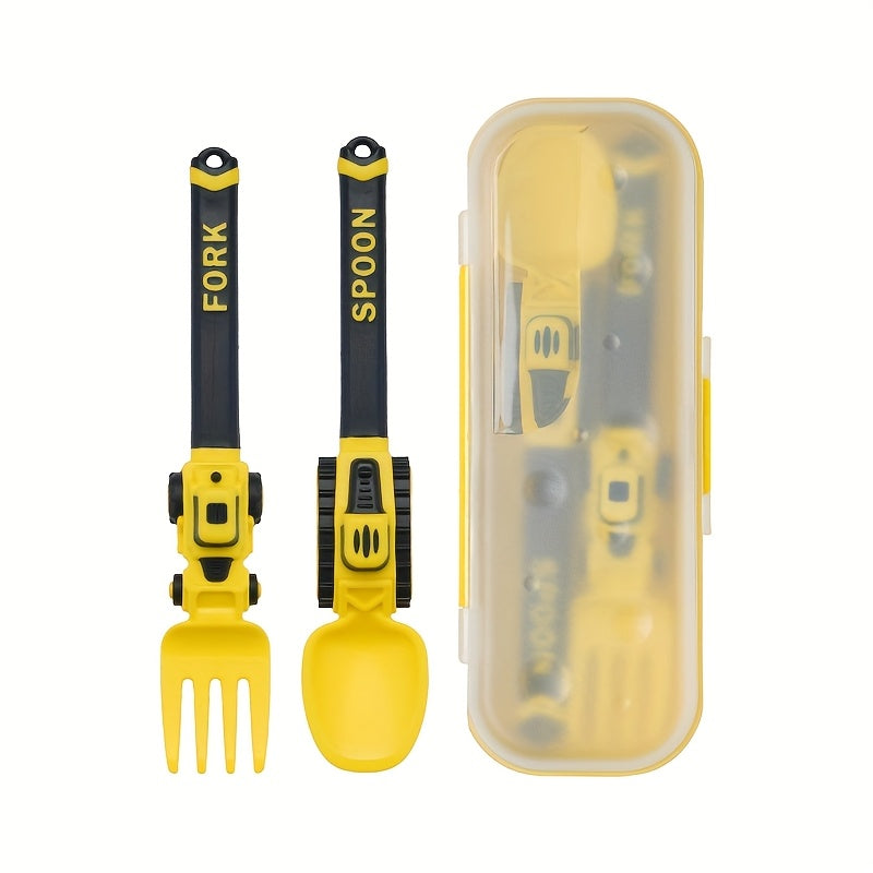 TEMU Construction Fork And Spoon Set For Toddlers, 2-piece Tractor Utensils With Storage Box, Toddler Boy Eating Utensils For Kids Lunch, Portable