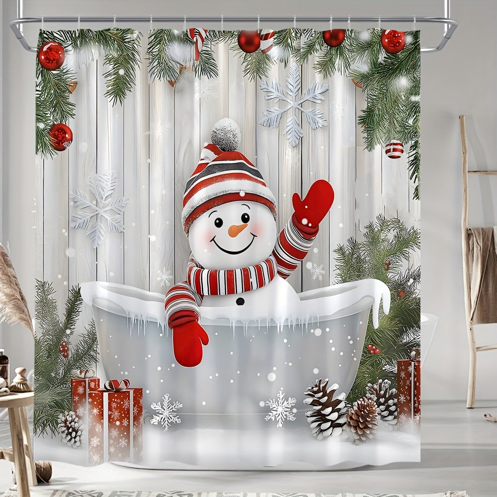 TEMU 1pc Winter Snowman Bathtub Curtain Christmas Plant Greenery Barn Wooden Board Christmas Ball Gift Box Pine Cone Snowflake New Year Gift Bathroom
