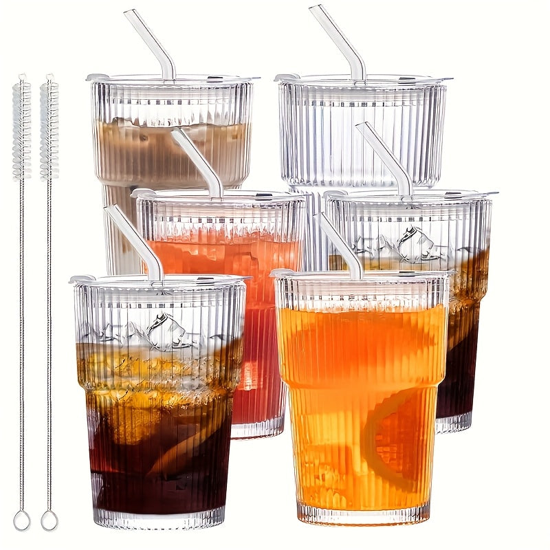TEMU 6pcs Ribbed Glassware, Glass Cups With Lids And Straws, Dishwasher Safety, Coffee Cups With Lids And Straw Sets, Reusable Iced Coffee Cups For