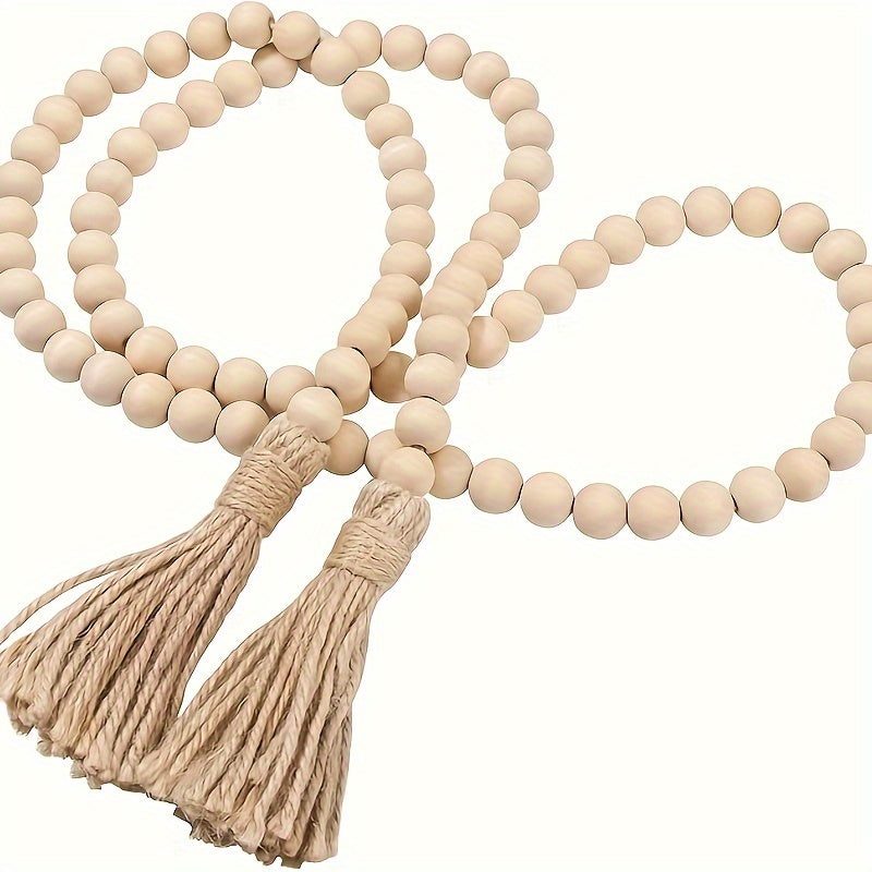 TEMU Handmade Wood Bead Fringe Garland - Country Style Farmhouse Decor, Natural Wood Bead With Twine Embellishments V