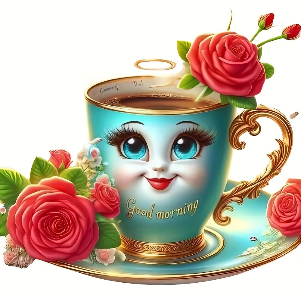TEMU 6-inch '' Coffee Cup & Rose Decal - Vibrant With Blue Cup & , Durable Vinyl For Laptops, Bottles, Cars, Phones, Windows, Walls & More - Glossy