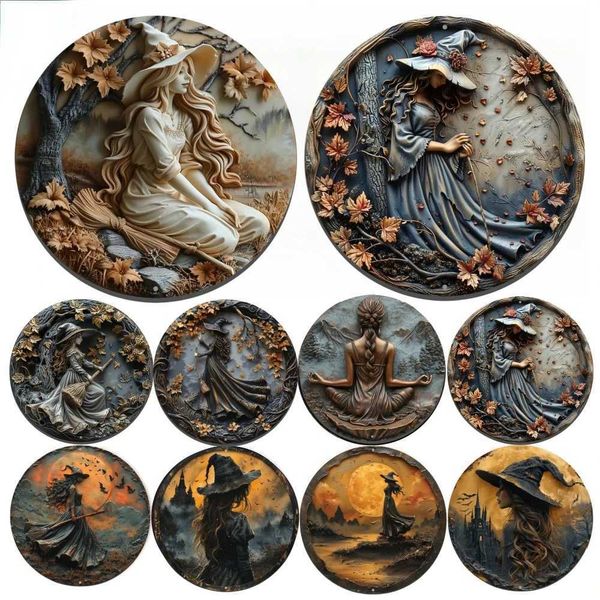 3D Round Metal Aluminum Sign Art Enchanted Witch Religious Decorative Plates Gift Mask Theme For Bar Club Home Room Wall Decor Y240803