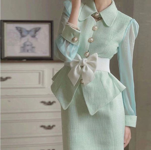 French small perfume suit thick tweed two piece suit long sleeve ultra-thin waist coat bowskirt suit 250210